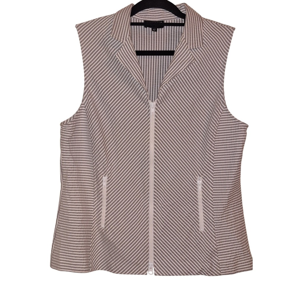 J'Envie New York Grey Seersucker Striped Sleeveless Zip Front Vest Womens 12